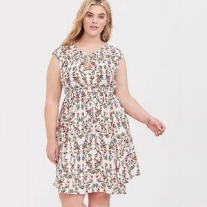 Torrid Mini Challis Tie-Front Skater Dress Ivory Floral Print Gathered (#011)